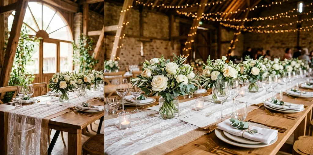 Elegant rustic wedding table setting featuring a sheer lace runner layered with a thin burlap strip and modern glass floral centerpieces
