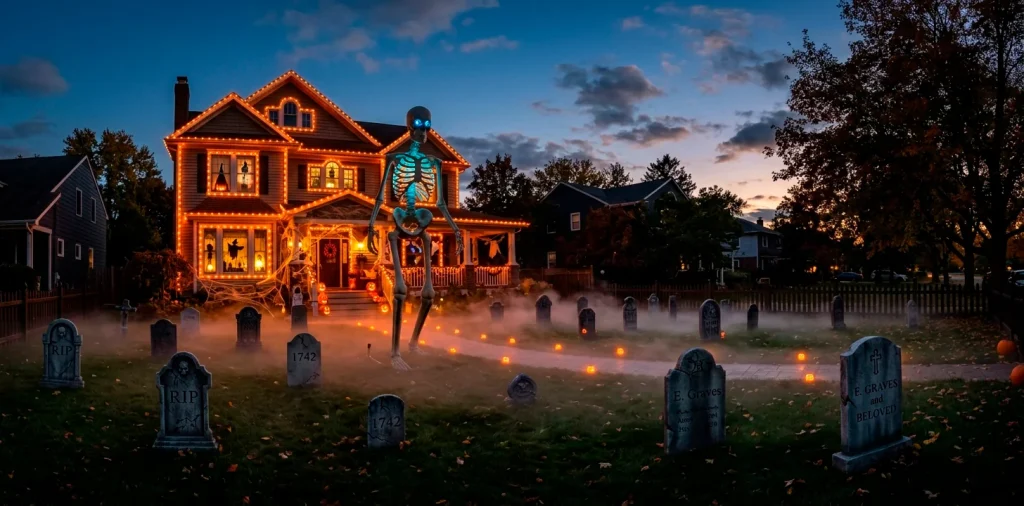 Suburban front yard scaled up with massive outdoor Halloween decorations and spooky lighting for maximum curb appeal