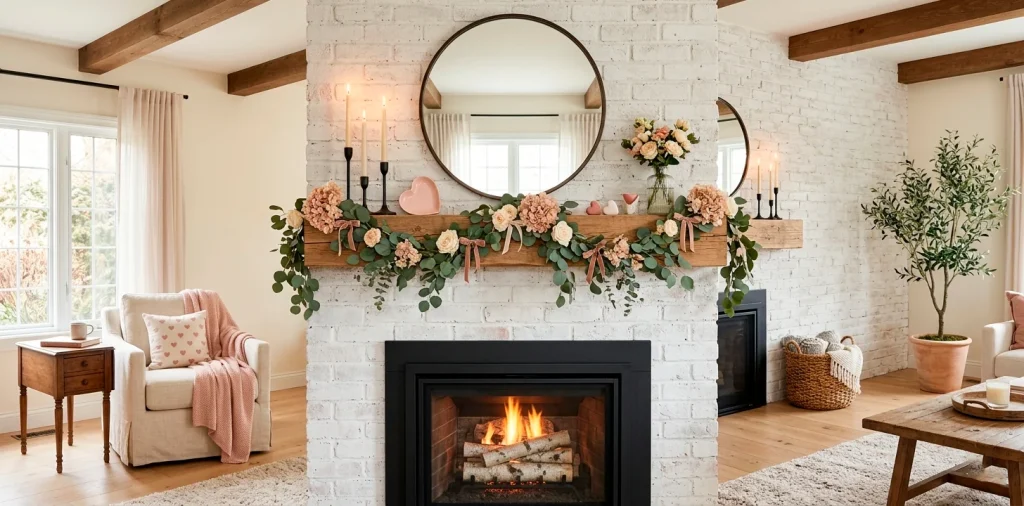 Modern farmhouse fireplace mantel styled for Valentines Day with soft pink accents and eucalyptus