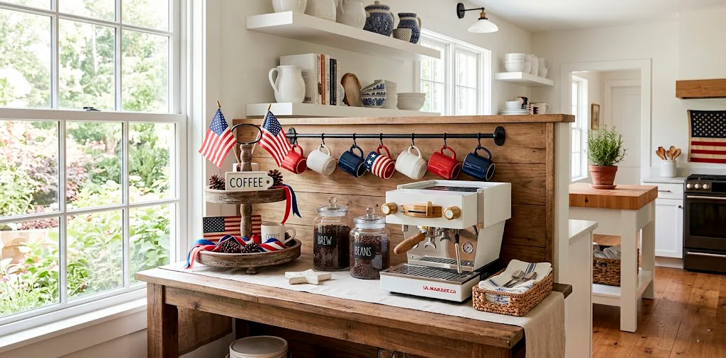 Wide view of a patriotic coffee bar in a modern farmhouse kitchen with red white and blue decor