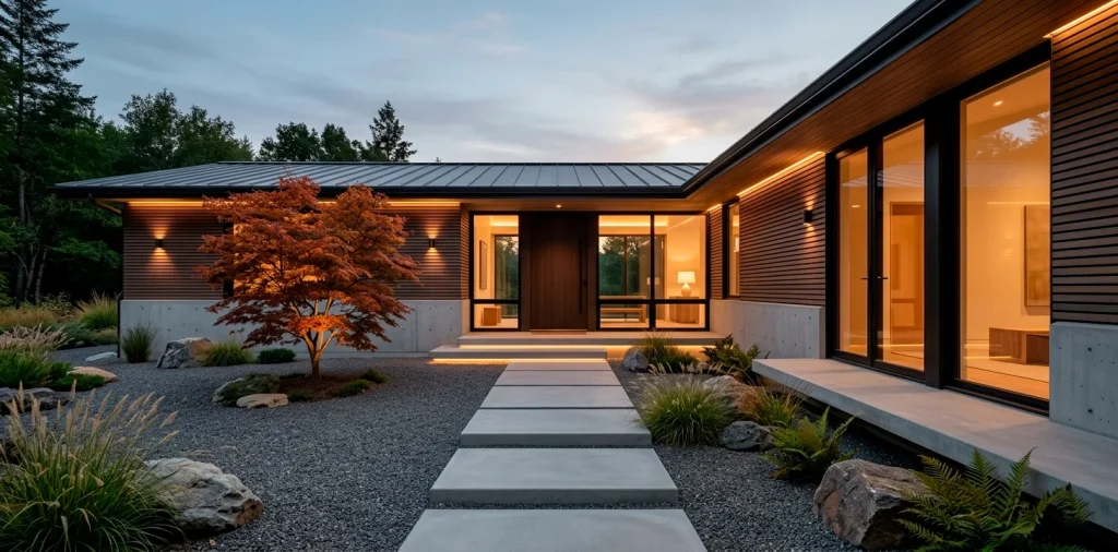 A modern Japandi home exterior featuring vertical wood cladding, concrete steps, and minimalist landscaping at dusk.