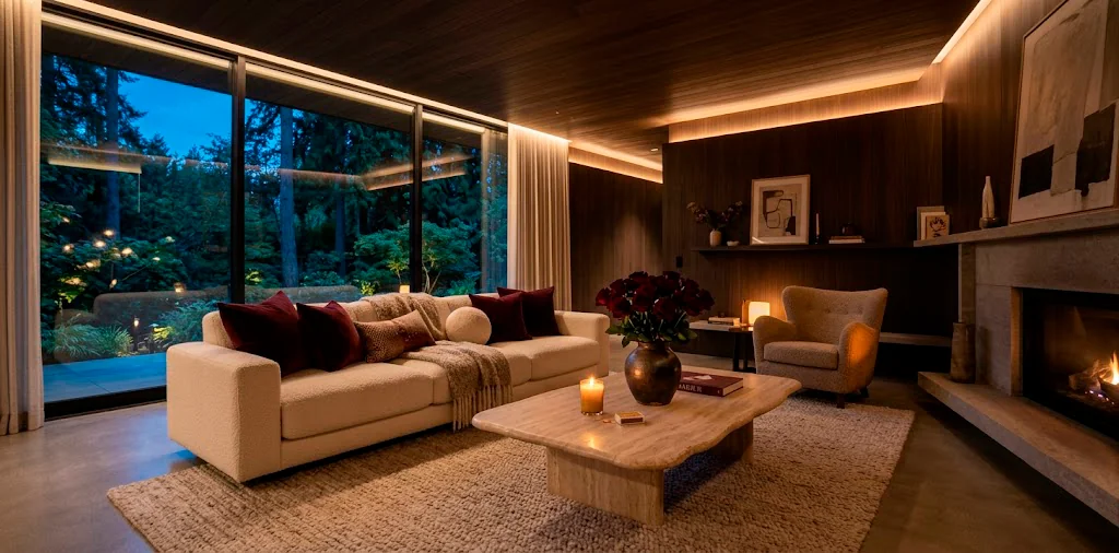 Sophisticated minimalist living room decorated for Valentine's Day with warm ambient lighting and luxury textures.