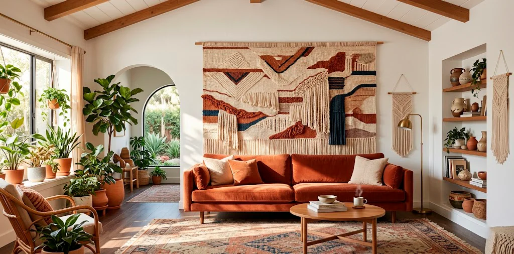 Large intricate woven tapestry hanging above a rust velvet sofa in a modern sunlit bohemian living room