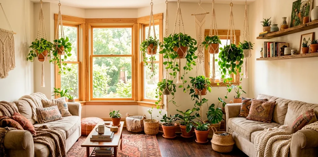 Cozy sunlit living room featuring handmade macramé plant hangers holding lush trailing green plants.