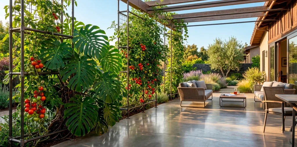 Sleek industrial pipe plant trellises supporting lush climbing green plants on a modern outdoor patio landscape banner.