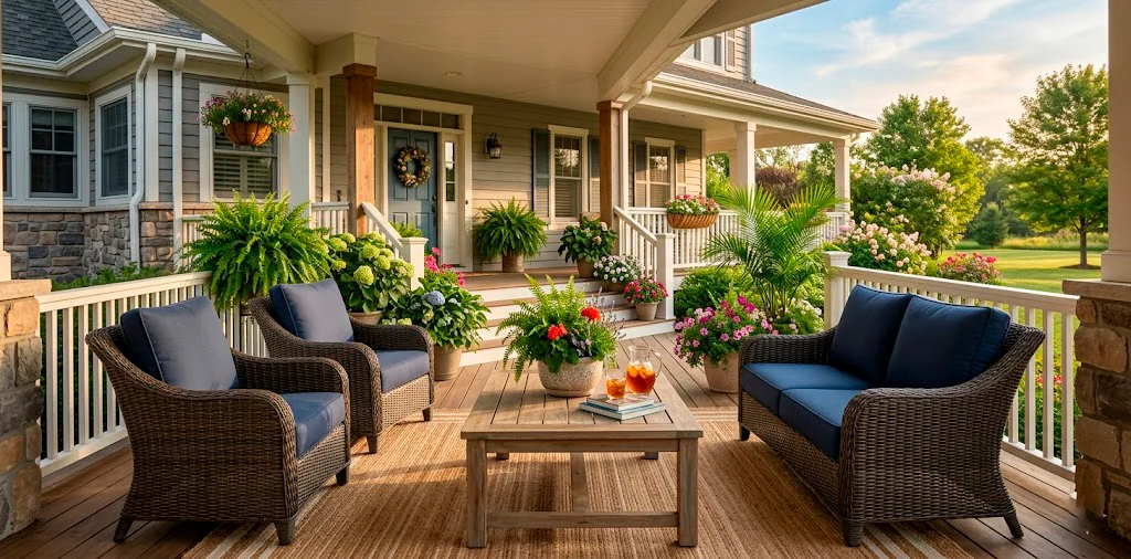 Welcoming front porch featuring durable all-weather wicker furniture with navy blue cushions and a teak coffee table.