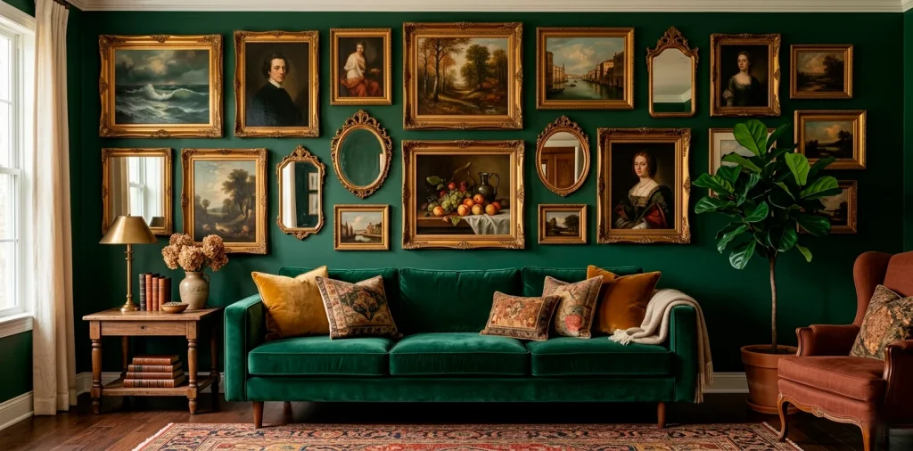 A cozy living room featuring a dark green wall adorned with a vintage gallery wall of gold frames and oil paintings above a velvet sofa.
