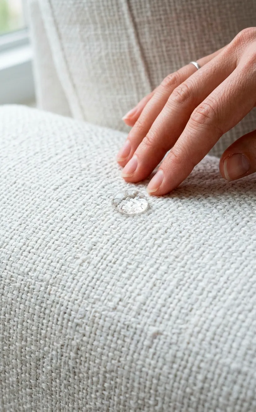 Close up of water beading on white performance fabric sofa