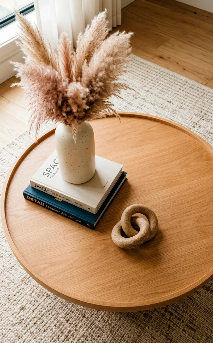 A styled modern coffee table featuring a ceramic vase, stacked books, and a decorative wooden knot.