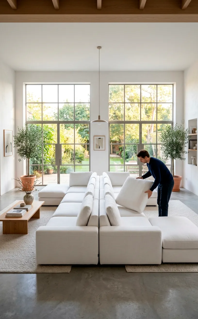 Person rotating the cushions on a white modular sofa