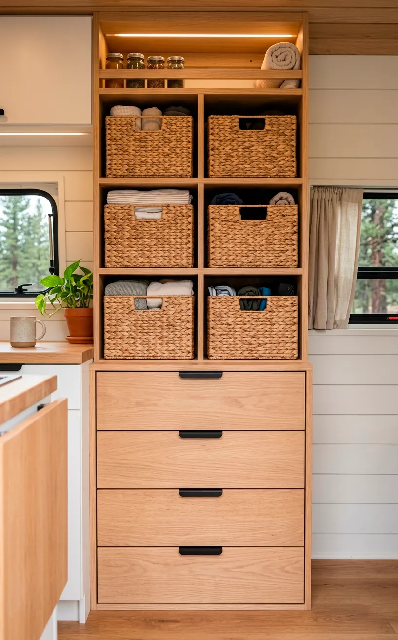 Organized van storage featuring wooden cubbies and woven water hyacinth baskets.