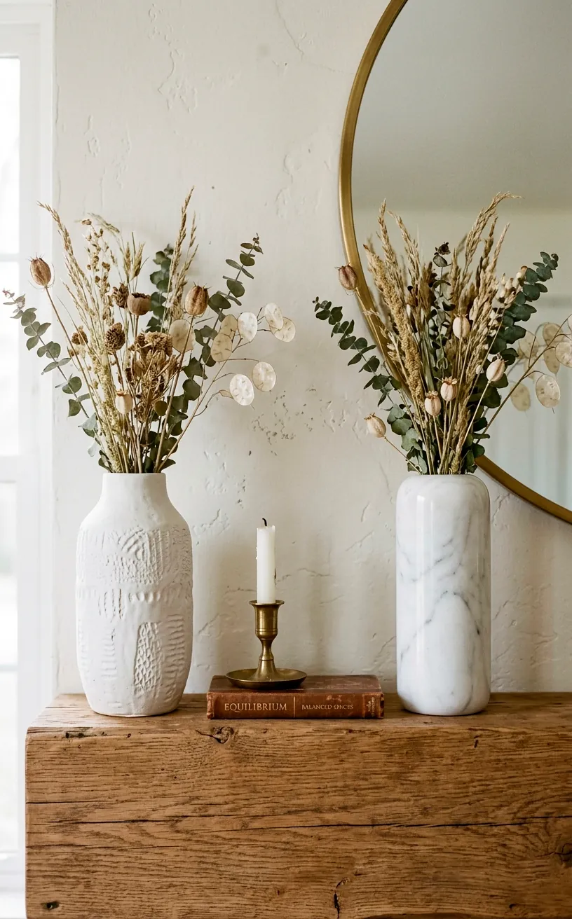 Fireplace mantle showing two different white vases of the exact same height for balanced symmetry.