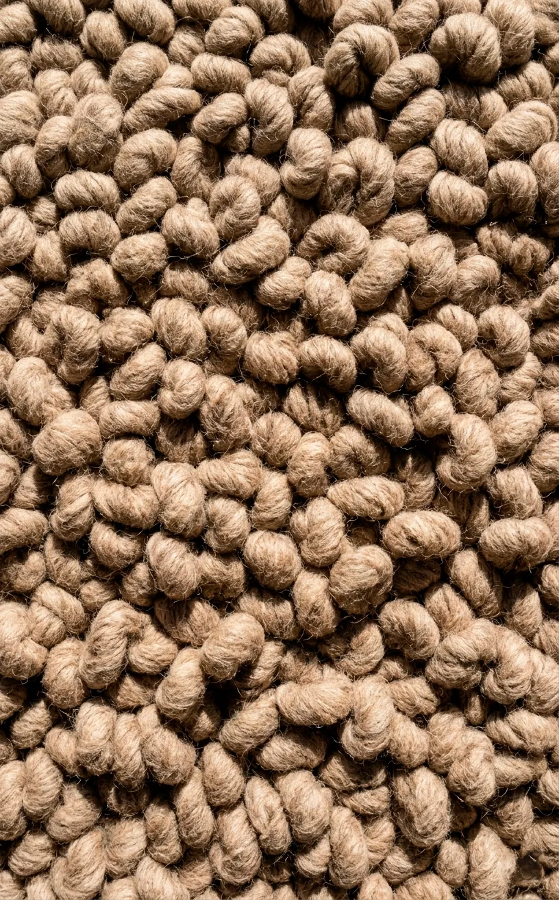 Close-up of a warm taupe pebbled wool rug with chunky loop texture.