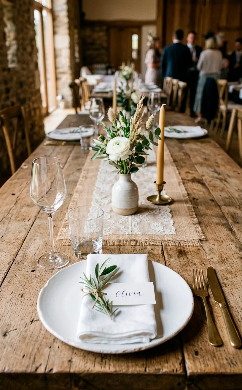 Minimalist rustic table setting with bare wood crisp white plates and subtle fabric accents