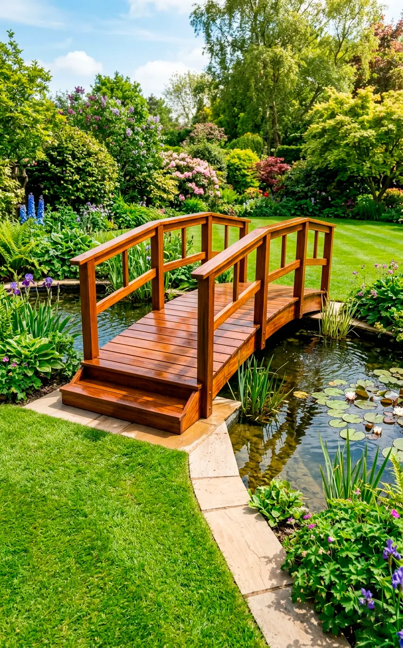 A clean and well maintained wooden garden bridge shining in the spring sun