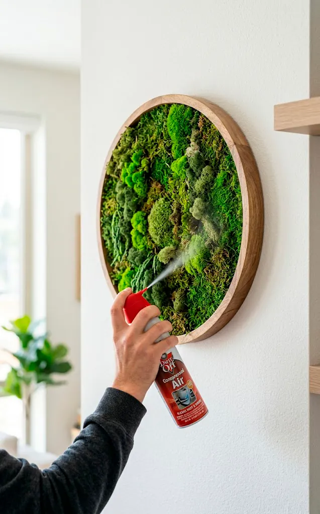 Person cleaning framed moss wall art with a can of compressed air.