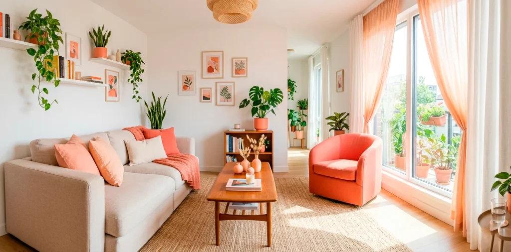 Small modern living room featuring bright coral accent chair and soft peach throw pillows with natural sunlight.
