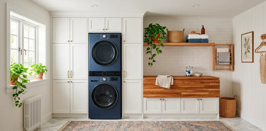 Beautifully designed small laundry room with stacked navy washer dryer and butcher block counter.