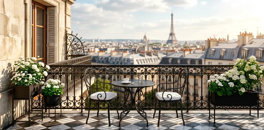 A highly realistic French balcony decorated with timeless black and white accents and iron furniture