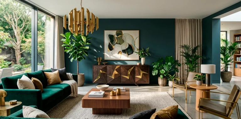 Luxe living room interior featuring a dark wood geometric sideboard with brass inlays