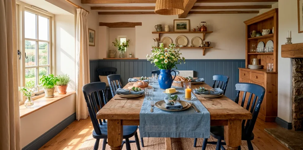 Rustic country dining room decorated with cozy blue accents including a chambray runner and navy chairs