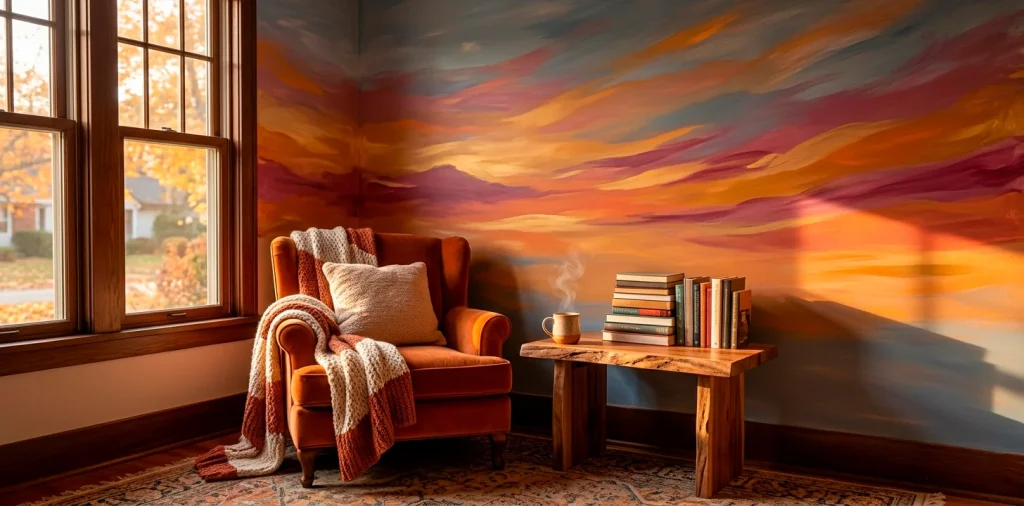 Cozy reading nook featuring a beautiful hand-painted sunset wall mural and velvet armchair