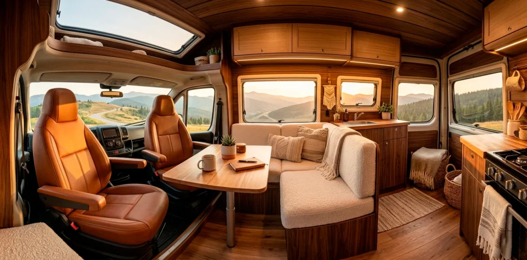Luxurious custom camper van interior featuring cognac leather seats and cream boucle cushions