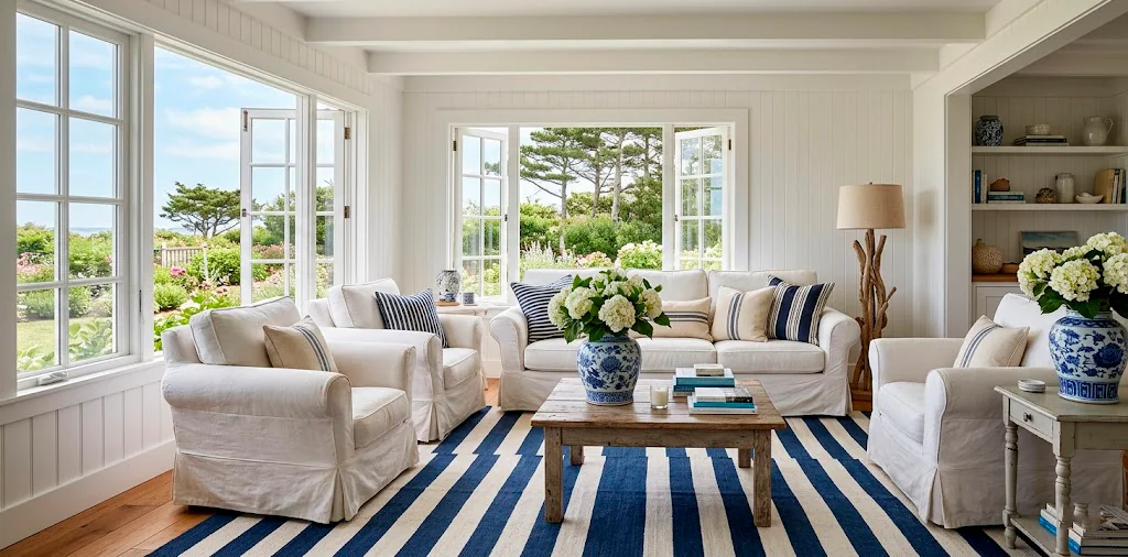 Airy summer cottage living room decorated in classic blue and white tones with coastal elements