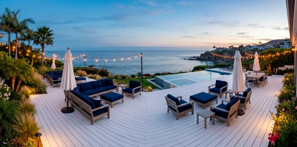 Luxurious coastal backyard patio featuring navy blue cushions and crisp white wooden decking at twilight