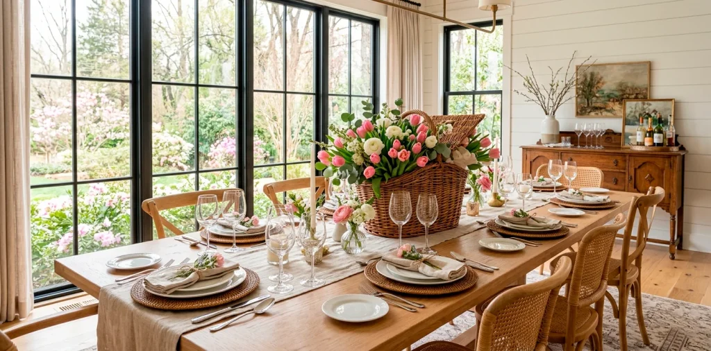 A modern dining room set for a Mother's Day brunch featuring a woven picnic basket centerpiece filled with pink tulips