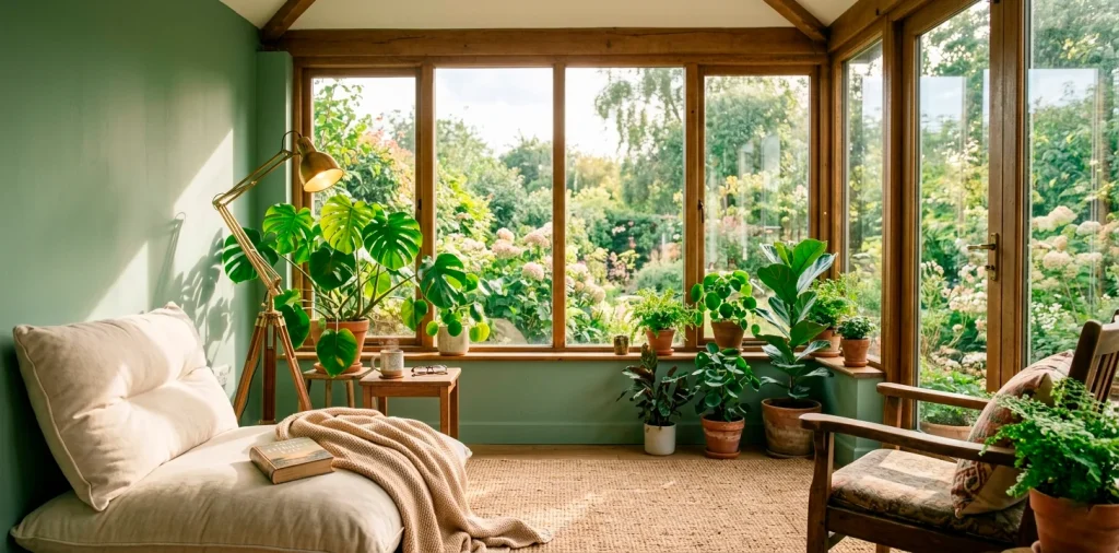 Tiny sunroom interior painted in soft sage green with a cream floor cushion, brass lamp, and potted plants basking in natural sunlight