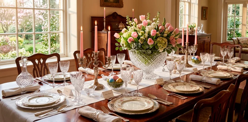Classic Easter dining table decorated with vintage silver candlesticks, cut crystal goblets, and pink spring tulips.