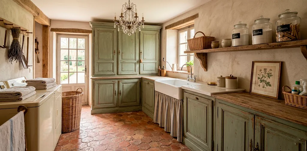 Wide view of a beautiful French Country vintage laundry room with sage cabinets and terracotta floors.