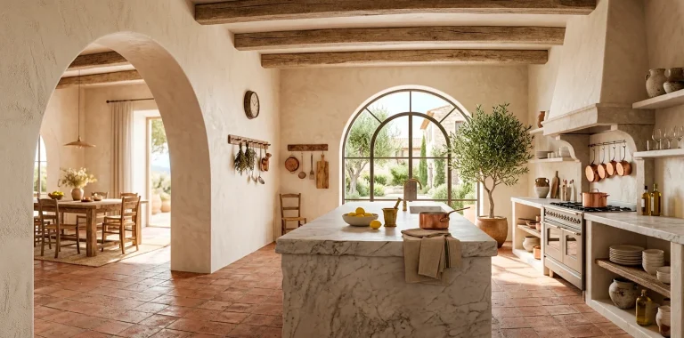 A beautiful sunlit Mediterranean kitchen featuring authentic plaster walls, an arched doorway, and rustic wooden beams.