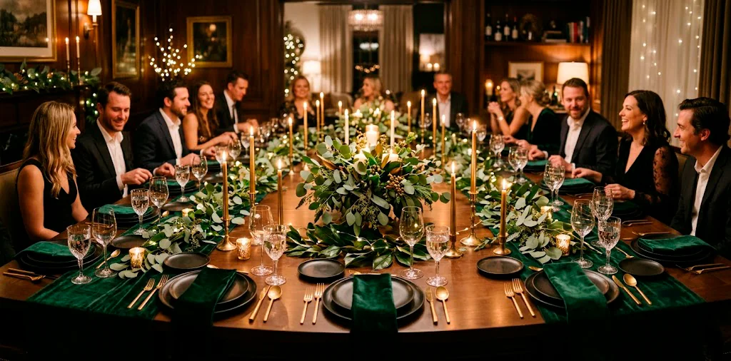 Wide view of a moody, luxe dining room with a forest green table setting, gold flatware, and glowing taper candles.