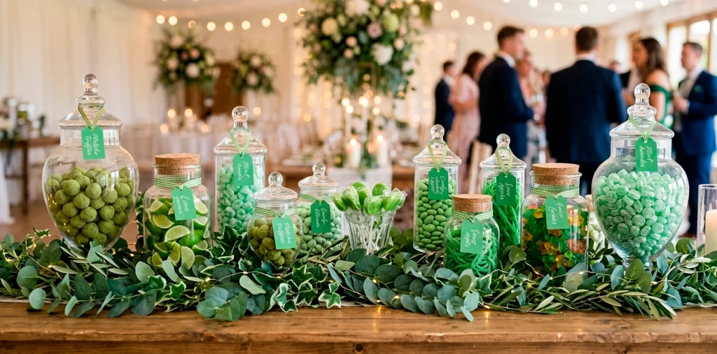 Luxurious all-green whimsical candy bar setup with vintage apothecary jars and faux eucalyptus vines