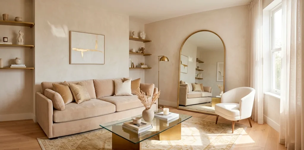 Elegant and sophisticated small living room featuring a plush velvet sofa and gold accents