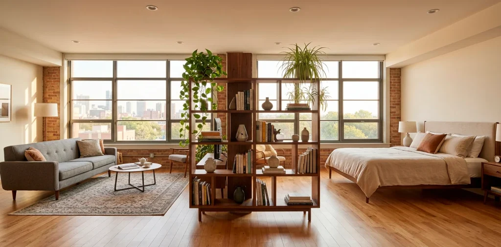 Wide view of a modern studio apartment using an open-back walnut bookshelf as a room divider.