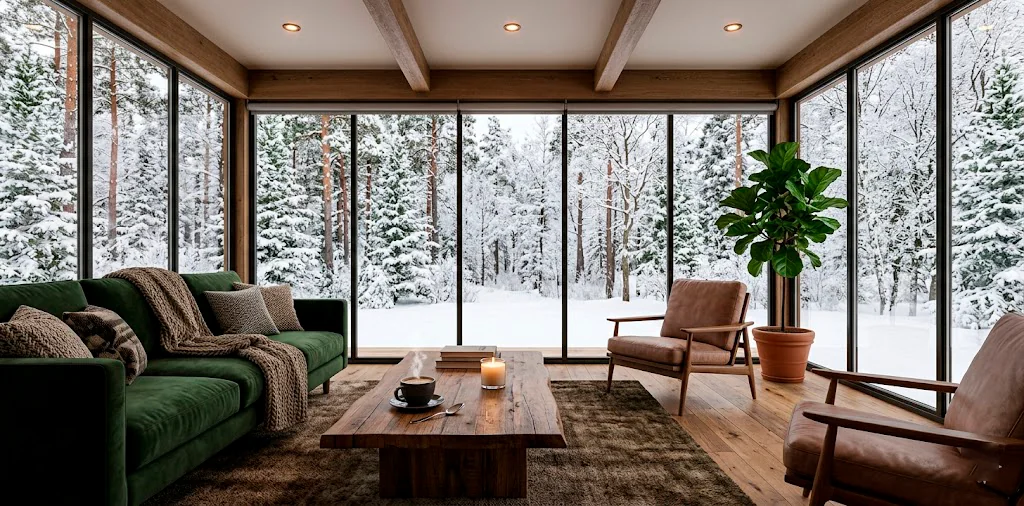 Cozy fully insulated 4-season sunroom interior during winter with snow outside