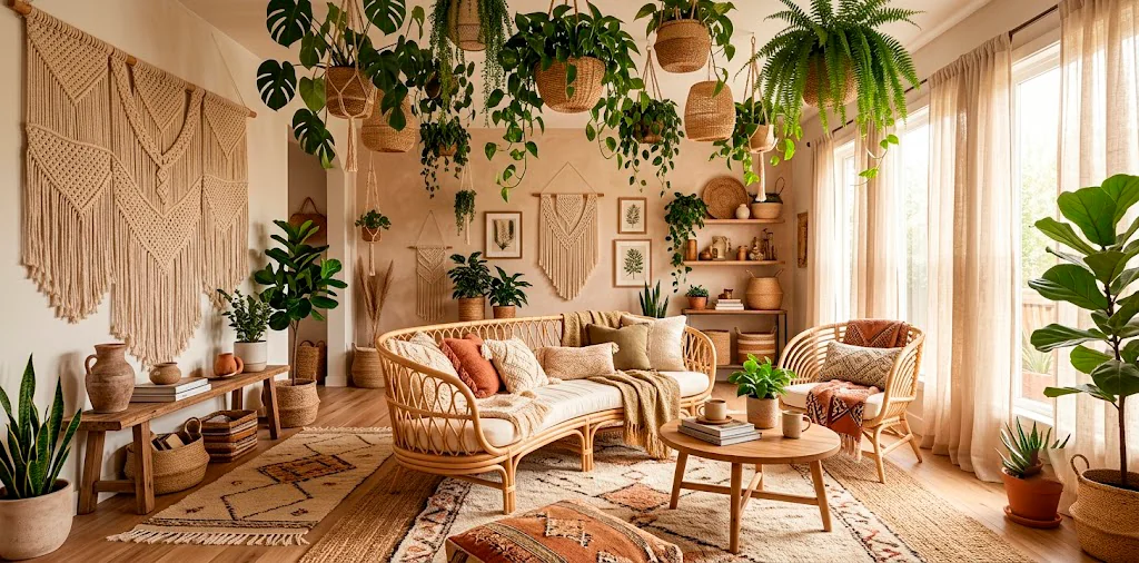 Sunlit bohemian living room featuring a curved rattan sofa, macrame wall hangings, and lush green plants.