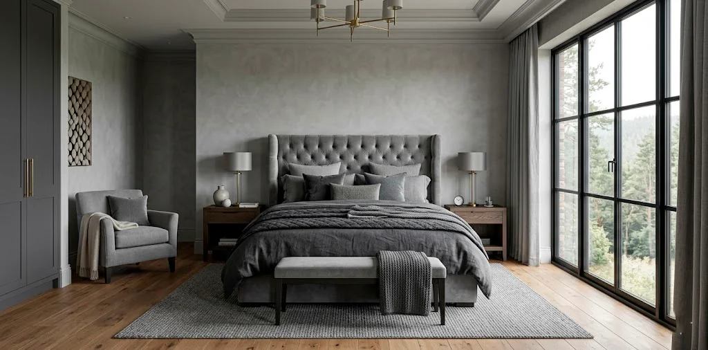 Luxurious modern bedroom featuring expertly layered shades of grey, warm wood flooring, and brass accents.