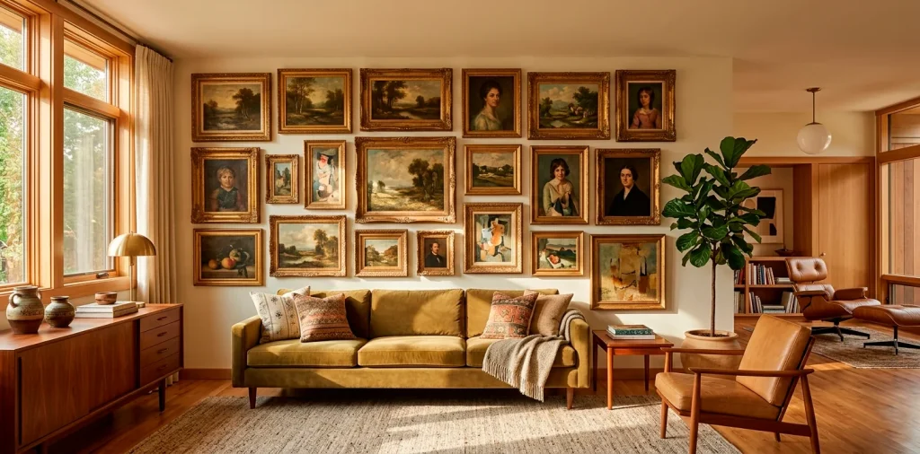 Curated living room featuring a stunning gallery wall of authentic vintage oil paintings in ornate gold frames.