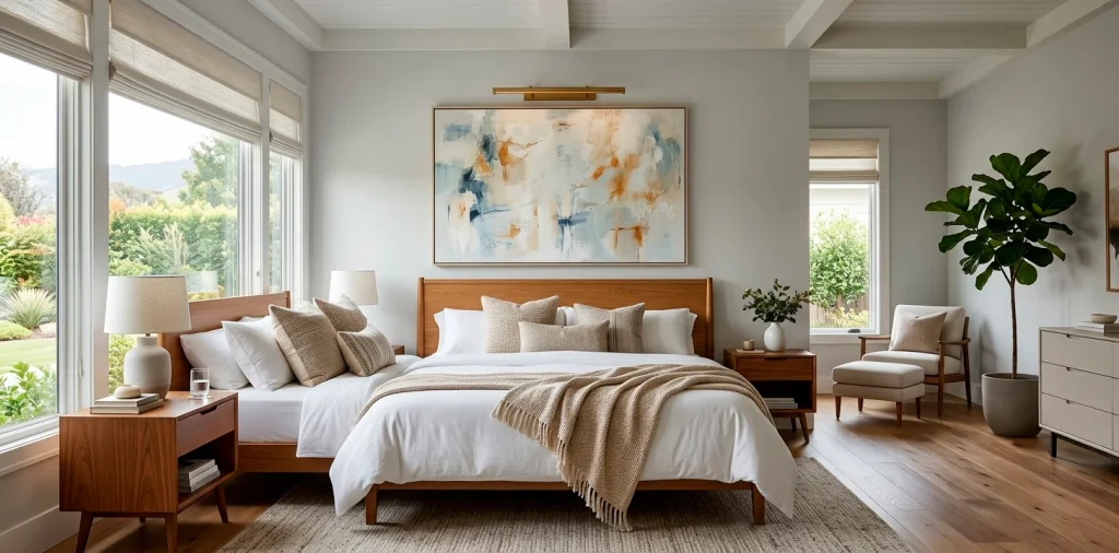 Modern bedroom interior with a large abstract painting styled beautifully above a luxurious king-size bed