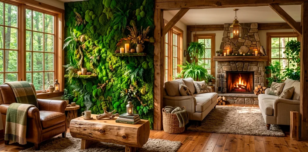 Cozy living room featuring a stunning preserved green moss wall and natural wooden log coffee table.