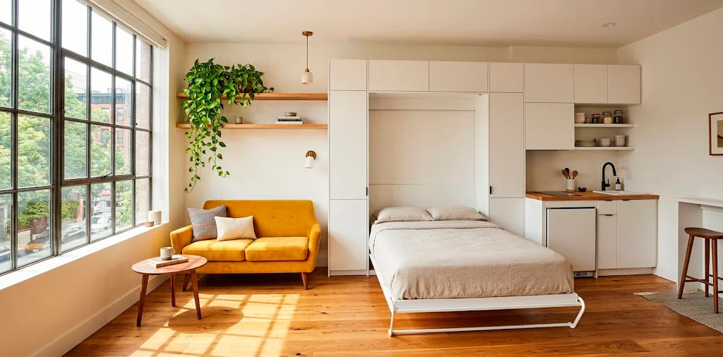 Modern 200 sq ft micro studio apartment interior showcasing space-saving furniture and natural lighting.