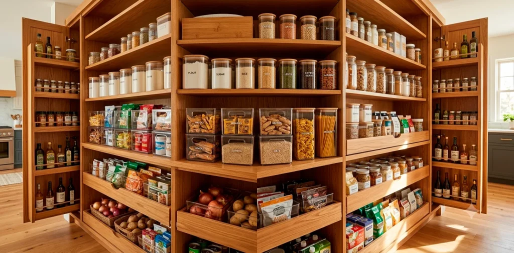 A wide, beautifully organized deep pantry cabinet with custom wooden pull-out shelves and clear storage bins.