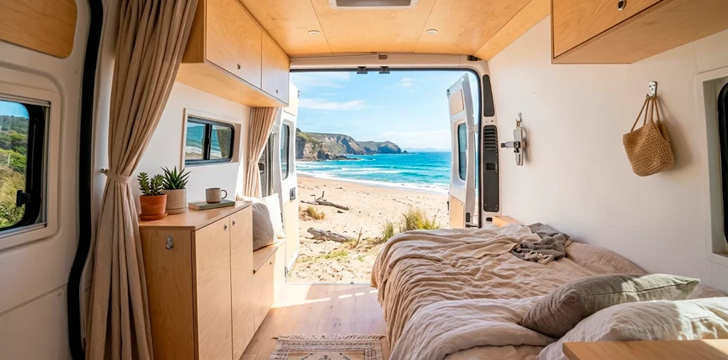 Bright and airy van life interior with open back doors facing a beautiful sunny beach