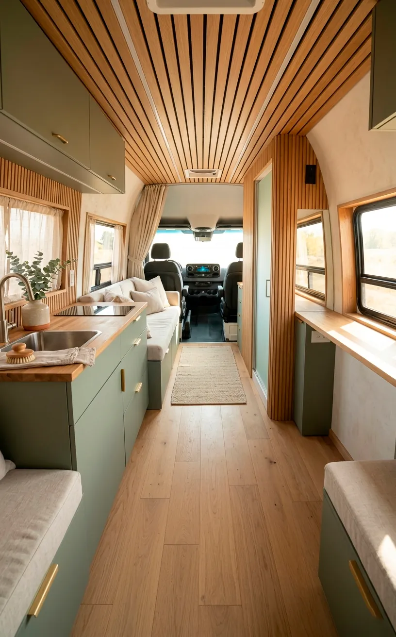 Spacious Sprinter van interior featuring an open aisle and light green lower cabinets.