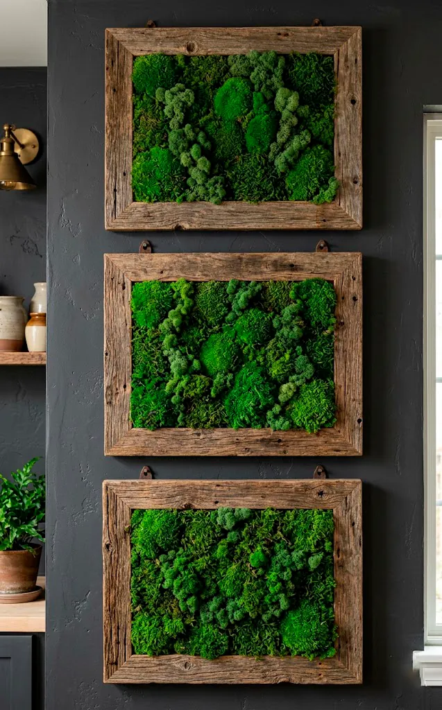 Three reclaimed barn wood frames filled with lush preserved moss hanging on a charcoal wall.