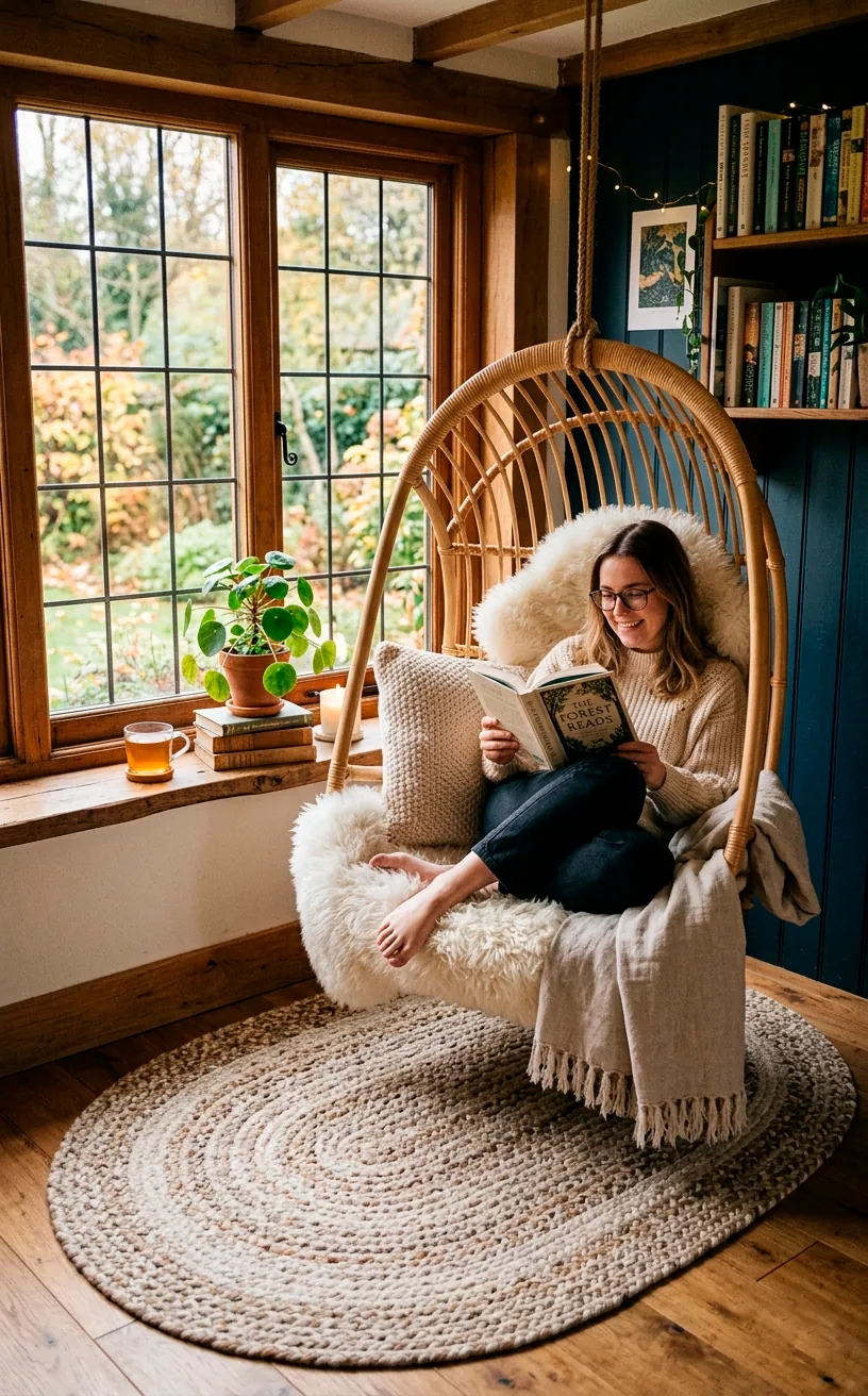 Hand-braided oval cotton rug in beige under a rattan egg chair.